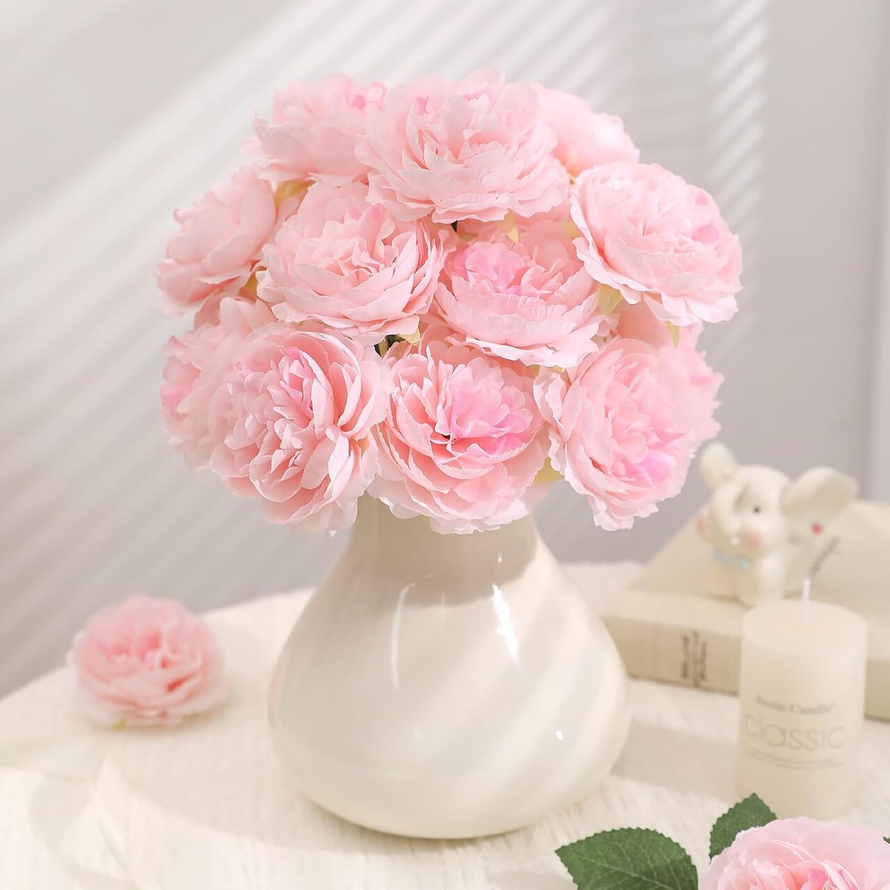 12 PCS Artificial Silk Pink Peonies with Stems – 8-Inch Faux Peony Bouquet for Wedding, Home Decor, Office Table & Festival Gifts